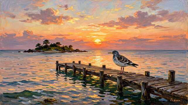 Sunset Pier with Seagull and Island