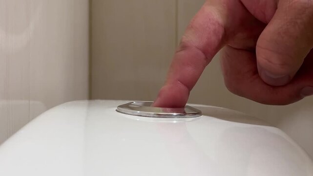 Horizontal close up video. Man pushes button in home restroom, bath room. Male hand presses touch flush button on ceramic toilet cistern in public WC. Problems with diarrhea, urinary incontinence