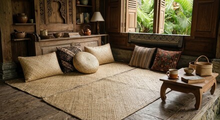 Fototapeta premium Comfortable seating area with woven pandan mat and assorted cushions in a tropical-inspired room.