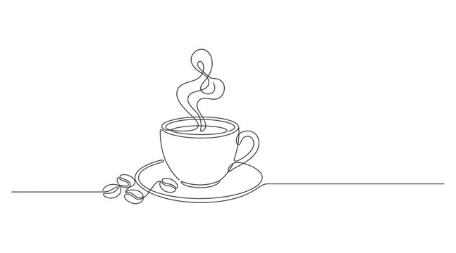 Continuous line vector illustration of a cup of hot coffee with saucer and coffee beans line art hot drink
