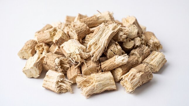 Dried licorice root pieces for herbal medicine, organic glycyrrhiza glabra wood chunks, natural fibrous botanical ingredients for wellness tea isolated PNG with Transparent Background
