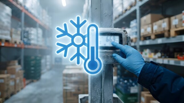 Worker managing temperature control in a cold storage warehouse with digital snowflake and thermometer icons, representing cold chain logistics and refrigeration management.