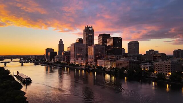 Aerial skyline of saint paul at sunset with mississippi river and boat traffic minnesota