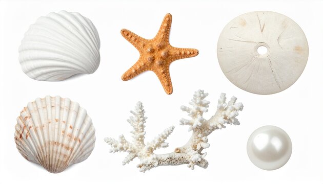Marine objects with starfish, coral, shell, pearl, sand dollar
