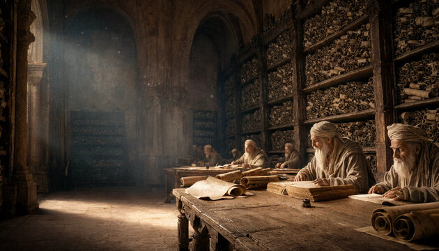 Elderly scholars writing on parchment in a dimly lit ancient stone library