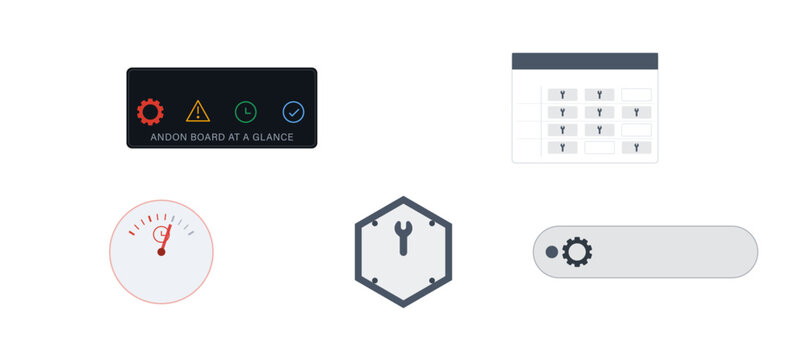 Machine downtime icon set andon panel maintenance plan grid