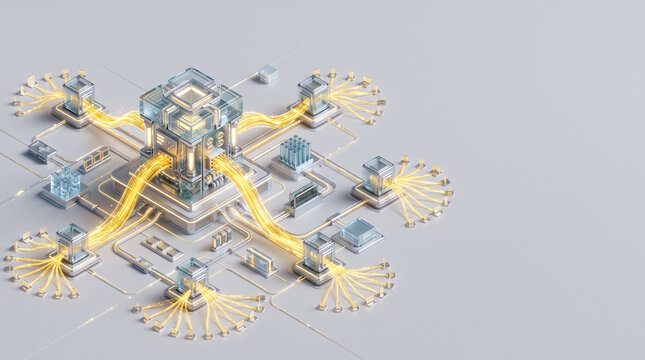 Isometric 3D render of glass global cache server broadcasting glowing gold static asset streams to regional edge nodes on soft grey backdrop with copy space