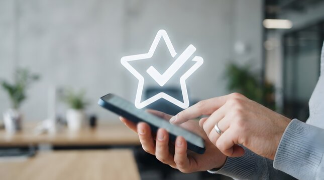 Customer Satisfaction Concept: Close-up of Hands Using Smartphone with Glowing Star and Checkmark Icon for Five-Star Rating and Quality Approval in Modern Office