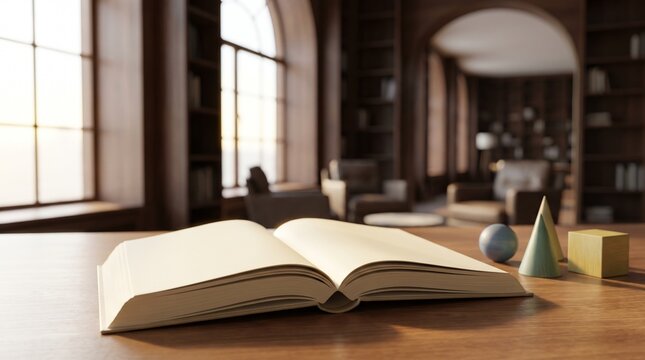 Open book on wooden desk in modern library setting with study materials and copy space