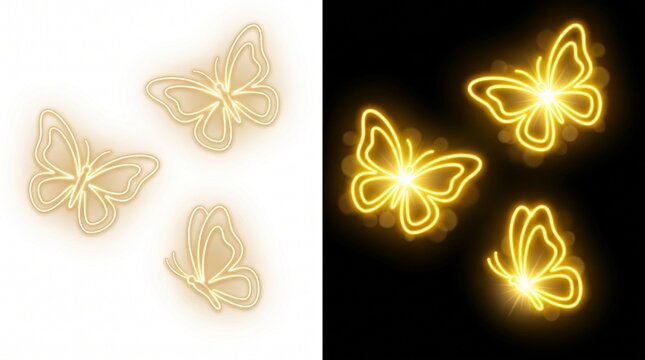 Three luminous golden neon butterflies glowing