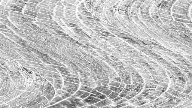Abstract monochrome white and gray wood parquet texture background with heavily distorted sweeping wavy tiles