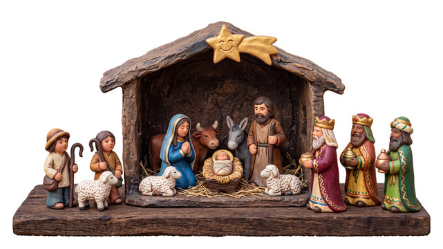 Clay nativity scene with detailed figurines depicting the traditional Christian nativity. Figures include Mary, Joseph, and baby Jesus, surrounded by shepherds, Wise Men and animals. Transparent bckgr