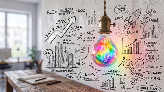 Business strategy concept photo. Colorful lightbulb drawing on wall. Stock photo.