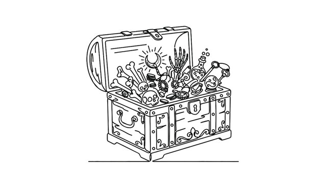 Open Gothic Treasure Chest with Bones and Magical Objects &ndash; Continuous One Line Halloween Vector