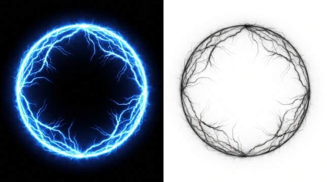 Glowing electric blue lightning ring with black and white contrast split screen background