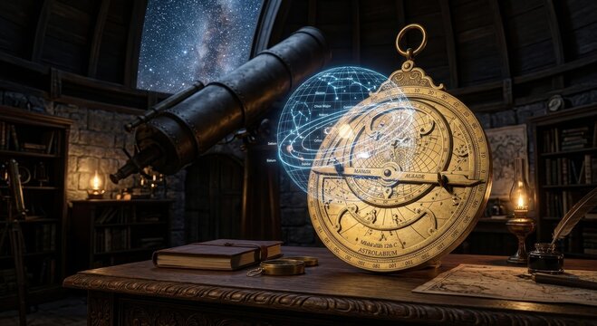 Ornate polished brass astrolabe and antique telescope in a vintage observatory with celestial globe