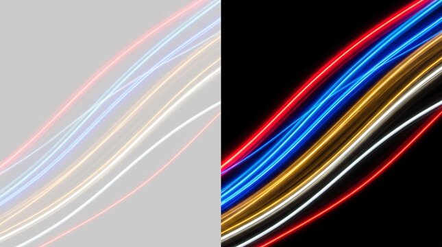 Abstract split screen background with glowing neon light trails on light grey