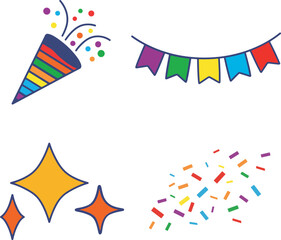 Obraz premium Party decoration, celebration and festival icons set vector illustration.