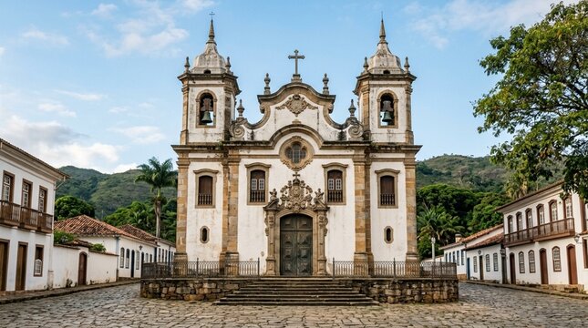 Baroque Church Facade, Historic Town Square, Colonial Architecture, Brazil