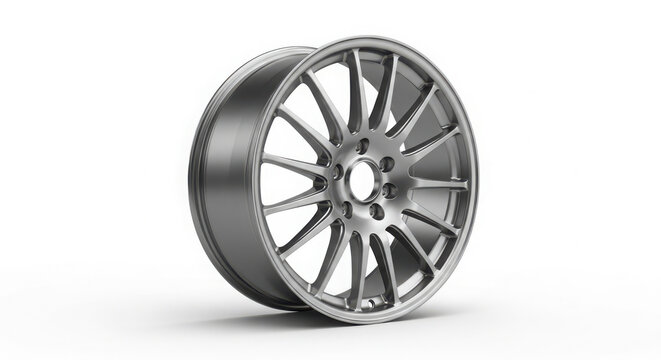 Shiny silver alloy wheel rim featuring intricate multi spoke design isolated on white background for modern performance car automotive components