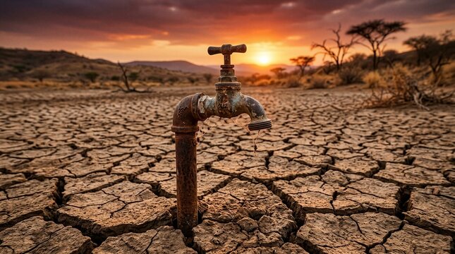 Rusted tap stands in cracked, dry earth. Sunset paints sky in warm orange and pink. Distant trees dot barren, arid landscape. Water shortage theme evokes urgency and scarcity. Image speaks of drought