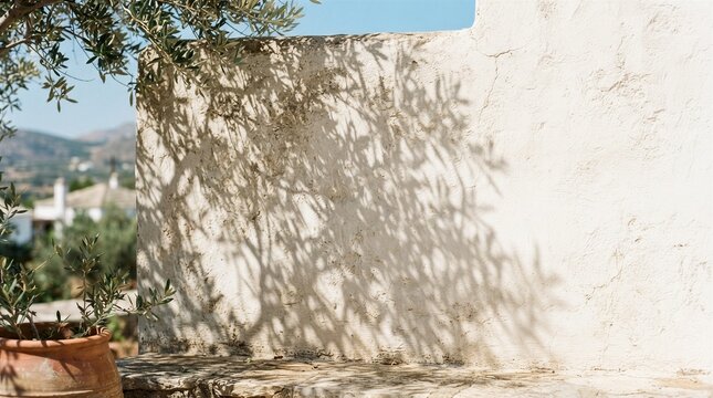 Sunlight casts olive leaf shadows on textured white walls. Potted olive branches frame the scene with natural elegance. Distant hills and clear skies add peaceful depth to the view