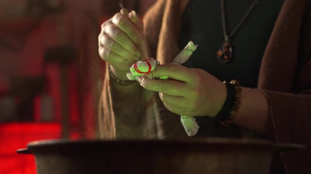 woman's hands holding a voodoo doll a cauldron emitting green steam people poking the doll with a needle. Everyday life intertwined with traditional witchcraft, magic, and a mystical atmosphere.