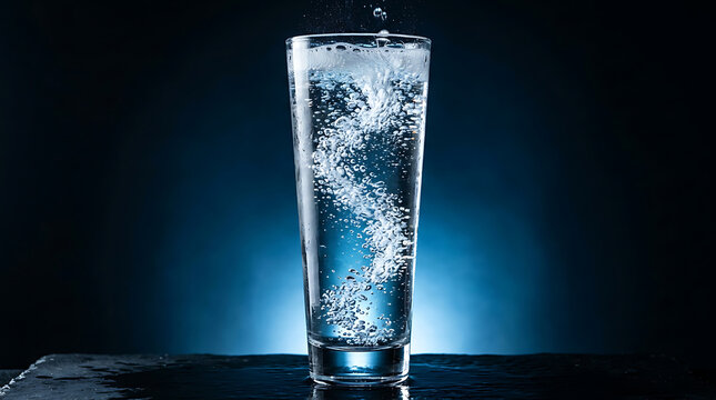 Glass of sparkling water with rising bubbles against a dark blue background