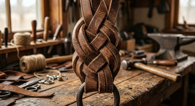 Intricately Braided Textured Worn Leather Strap with Metal Ring in a Rustic Workshop Setting