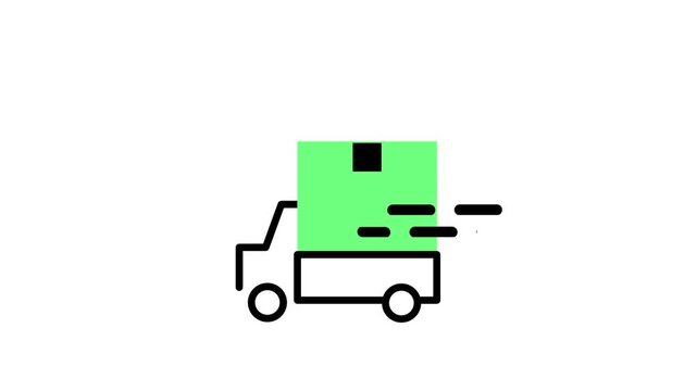 A green delivery truck icon races horizontally across a minimalist white background with motion trails indicating fast shipping speed and dependable courier service