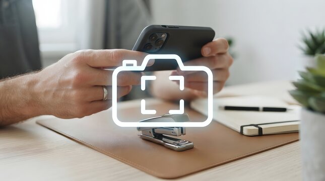 Man using smartphone to scan documents in a modern office setting with a digital camera icon overlay, concept of paperless office and mobile photography technology.