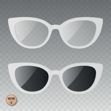 Cat Eye Glasses Vector Illustration. 3d White Cat Eye Glasses and Cat Eye Sunglasses Set. Retro Women Eyewear Illustration with Clear Lenses and Dark Shades. Fashion Accessory Isolated