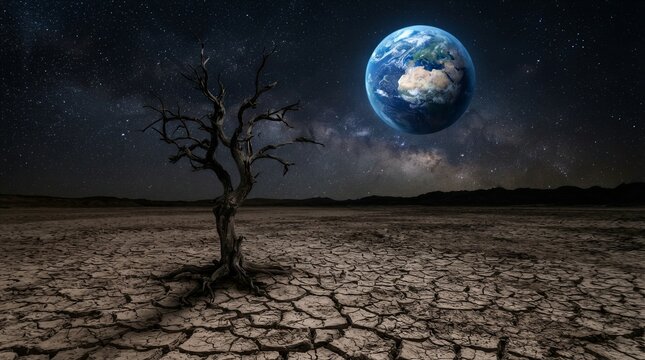 Lonely tree stands in cracked desert ground. Earth glows softly in starry night sky. Drought and silence echo through barren terrain. Aging tree mourns lost green, barren limbs