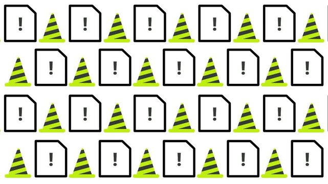 A repeating grid pattern showcases alternate white document pages and yellow warning cones creating a structured abstract design suited for digital security alerts