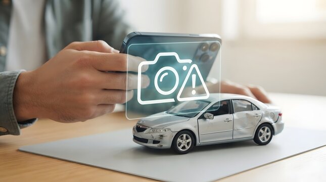 Man using smartphone app to photograph damaged model car for car insurance claim, conceptual digital accident reporting and vehicle damage assessment.