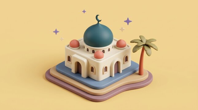 3d illustration of mosque with palm tree and stars