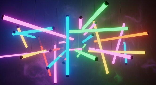 A vibrant assortment of colorful glowing tubes creates an impressive and dynamic installation that illuminates the dark space with brilliant chromatic energy during a festive celebration