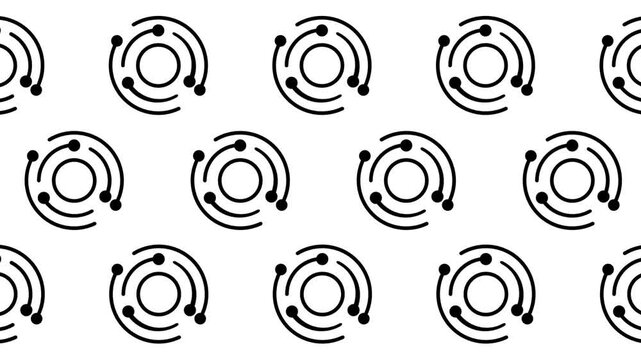 A minimalist white pattern showcases multiple rotating planetary orb symbols arranged symmetrically in a clean grid formation for a modern technological background
