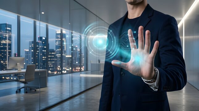 Man using futuristic technology with a glowing hand in a modern building