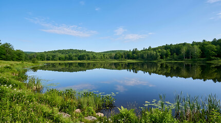 Fototapeta premium Serene pond reflecting lush green forest hills under a clear blue sky