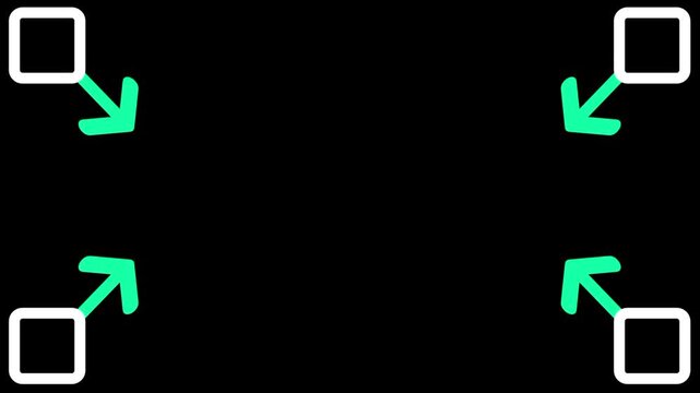 Four white corner bracket icons feature diagonal green arrows pointing outward to indicate full screen expansion or bounding box scaling controls in user interfaces
