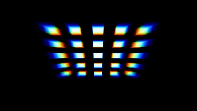 A colorful prismatic grid matrix floating against a deep black background creates a stunning optical diffraction effect with vibrant glowing light reflections