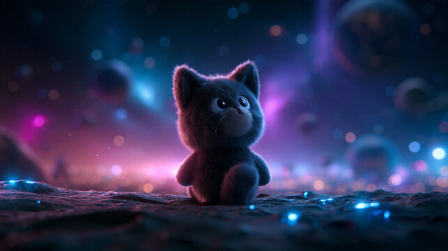 Cute Fluffy Kitten Sitting in Fantasy Outer Space Landscape
