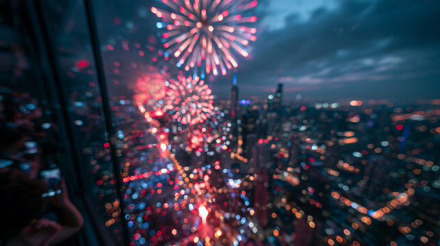 Blurred Fireworks Exploding Over Modern City Skyline at Night