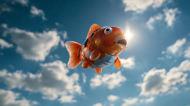 Goldfish Balloon Floating in Sunny Blue Sky