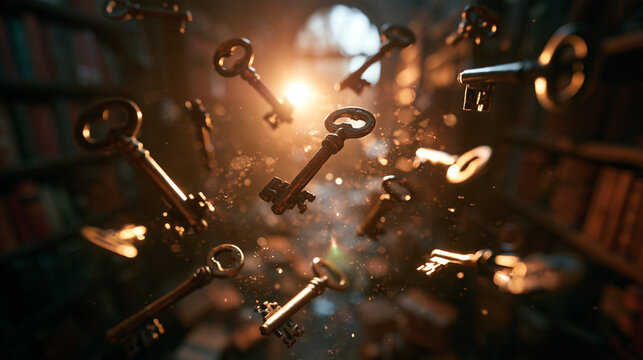 Floating Vintage Keys in Magical Old Library