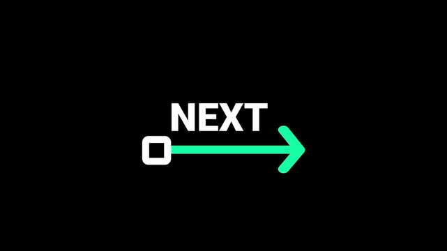 A clean white square box icon paired with the word NEXT and a green arrow pointing right illustrates forward progression and media player navigation features