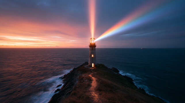 Lighthouse Shining Rainbow Beam of Light at Sunset