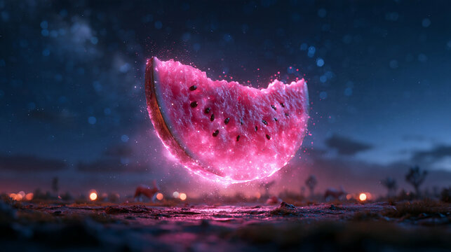 Surreal Glowing Watermelon Slice Floating Against Starry Night Sky