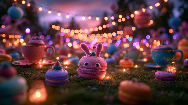 Cute Bunny Macaron in Whimsical Garden Tea Party Scene